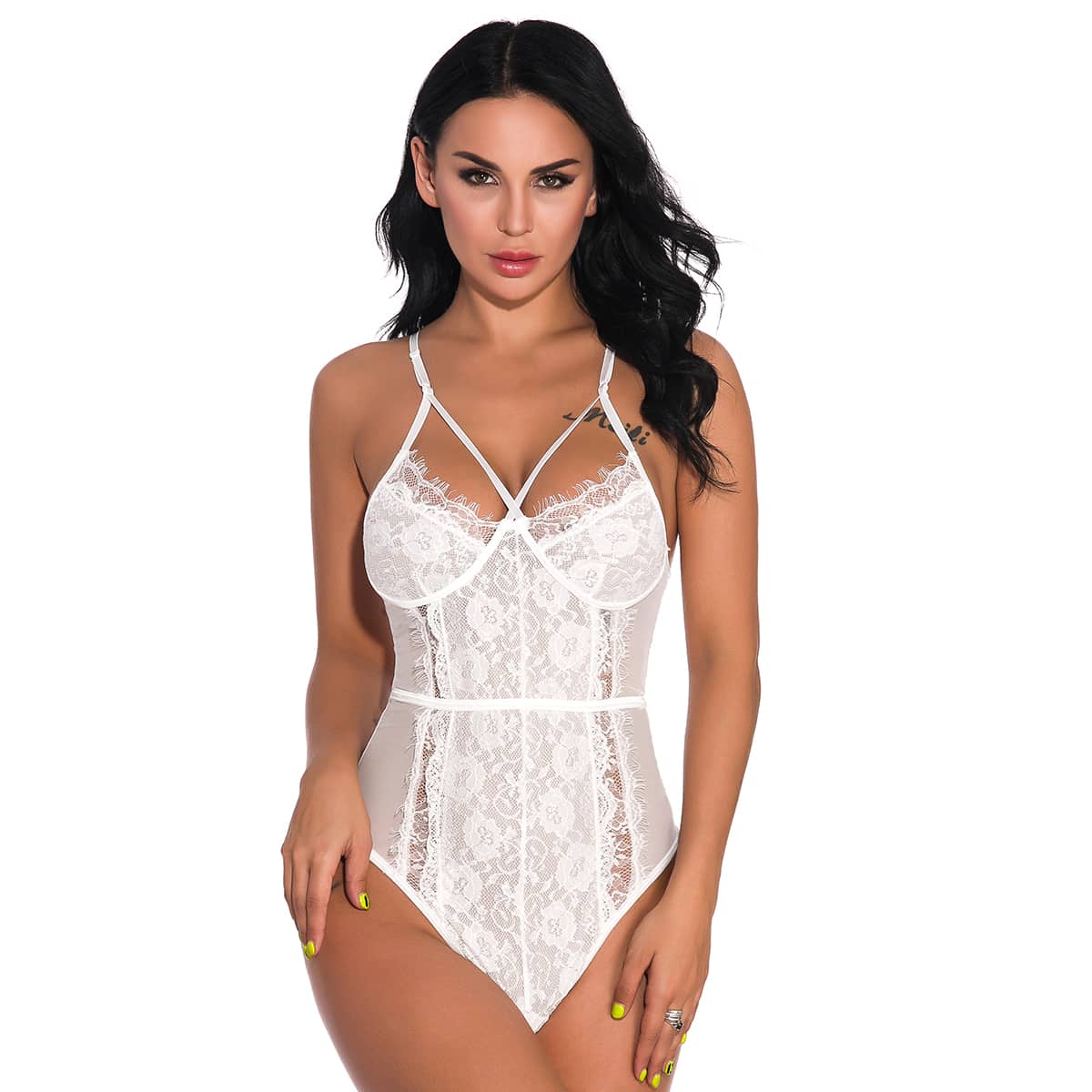 

Contrast Lace Mesh Harness Teddy Bodysuit, White