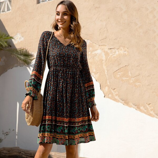 

Ditsy Floral And Paisley Print A-line Dress, Multicolor