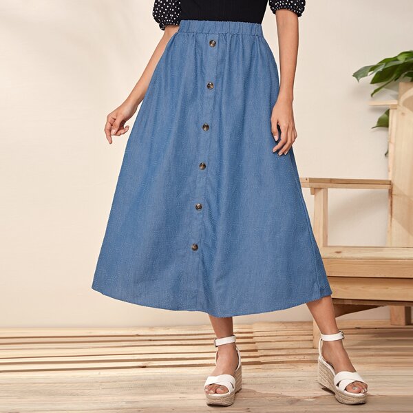 

Elastic Waist Button Front Denim Skirt, Blue
