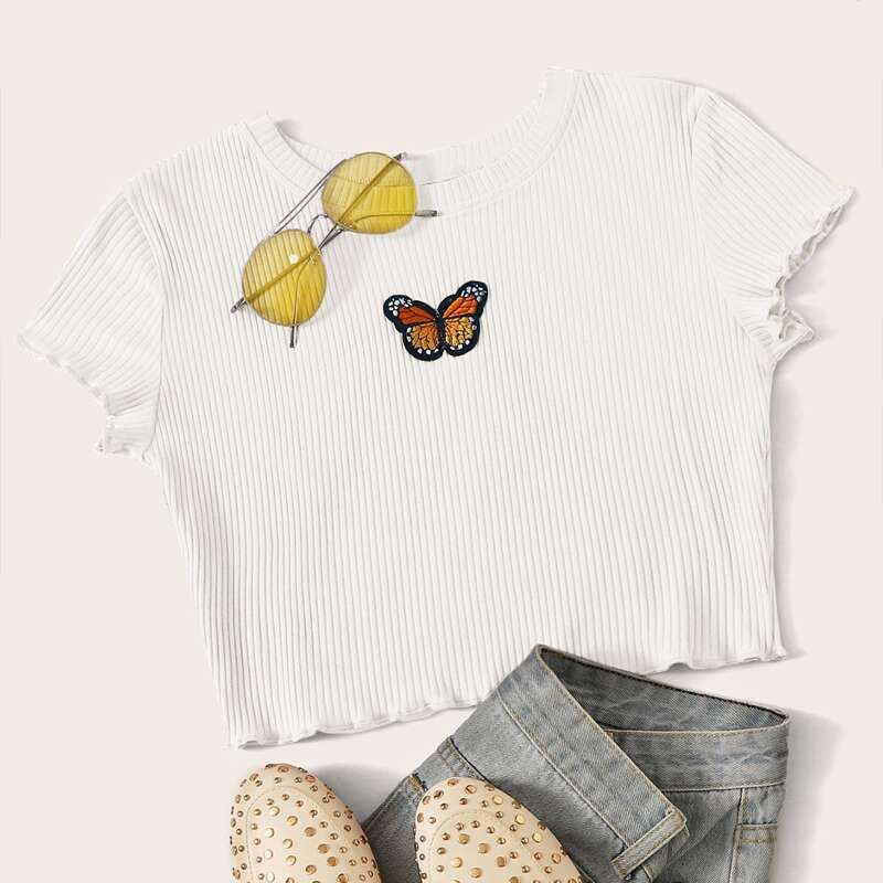 

Butterfly Lettuce Trim Ribbed Crop Top, White