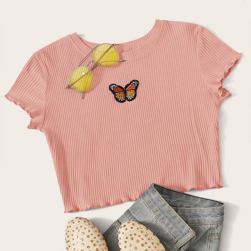 

Lettuce Trim Ribbed Butterfly Crop Top, Pink