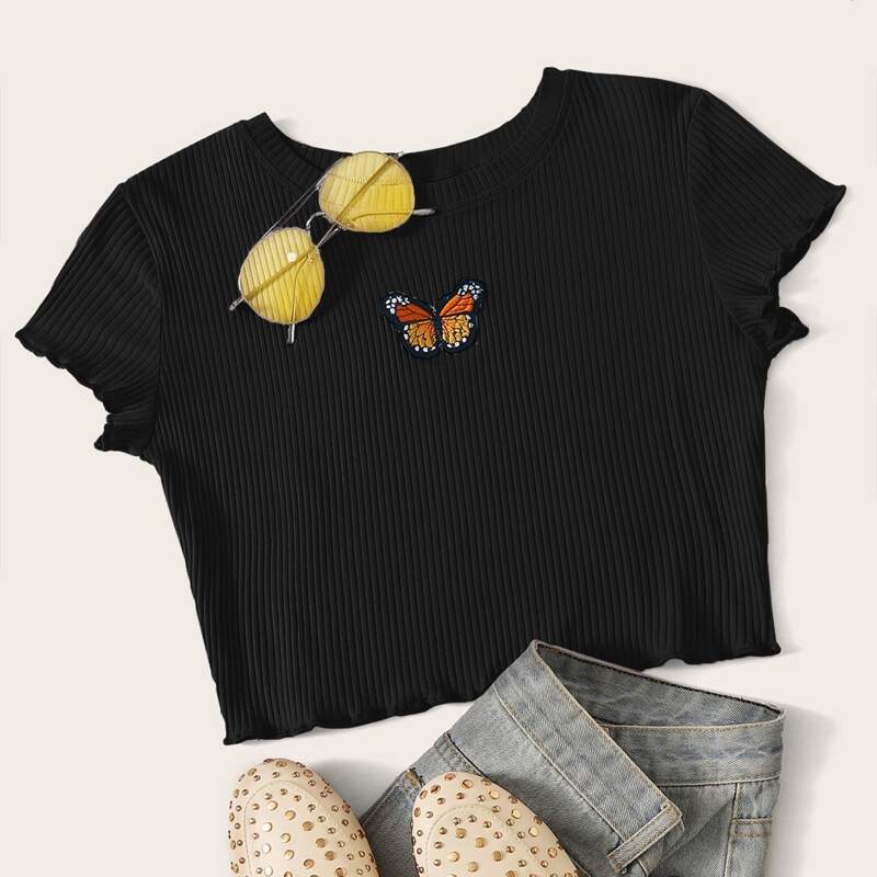 

Butterfly Ribbed Black Crop Top