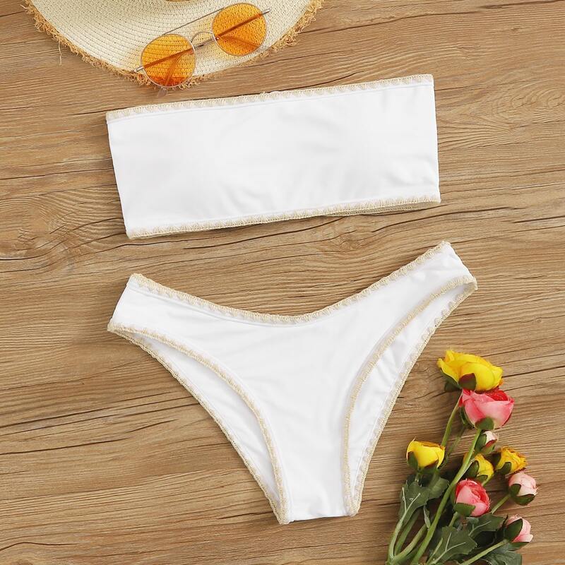 

Contrast Binding Bandeau Bikini Swimsuit, White