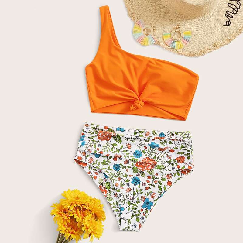 

One Shoulder Floral Ruched Bikini Swimsuit, Multicolor