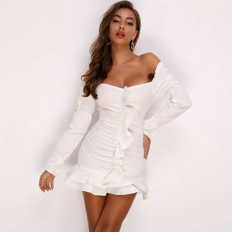 

Ruffle Trim Off Shoulder Satin Dress, White