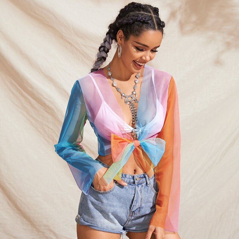 

Tie Front Colorful Sheer Mesh Top, Multicolor