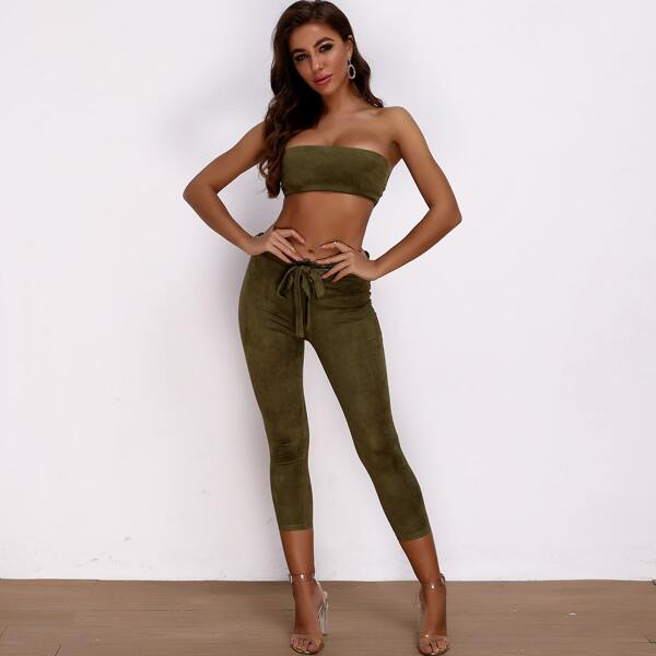 

Suede Tube Top & Belted Capri Pants Set, Army green
