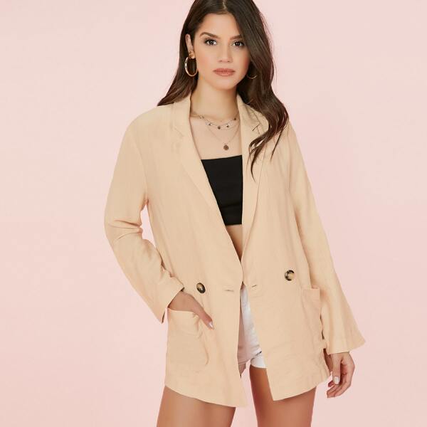 

Double Breasted Boxy Fit Linen Blazer, Beige