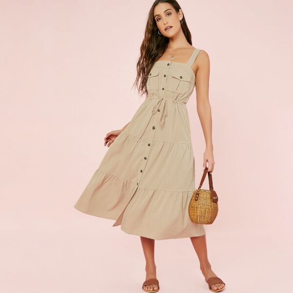 

Sleeveless Button Front Shirred Midi Safari Dress, Khaki