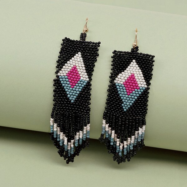 

1pair Beaded Aztec Sign Fringe Earrings, Black