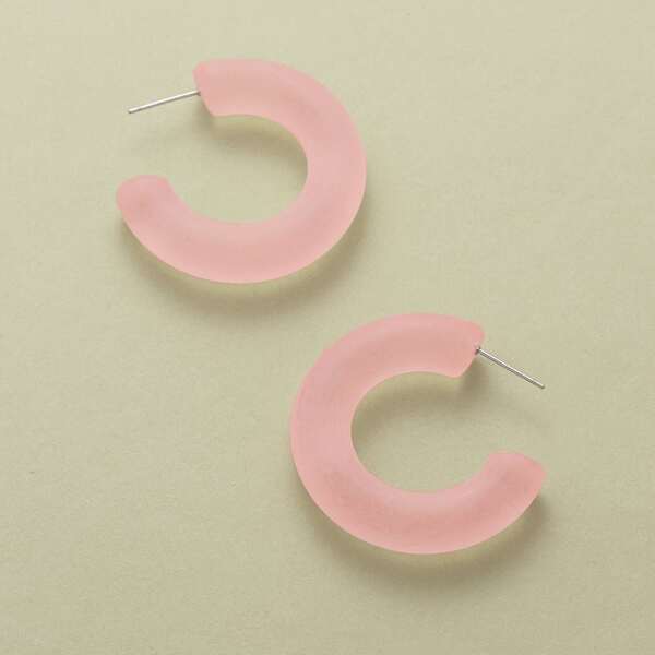 

1pair Thick Frosted Medium Open Hoop Earrings, Pink