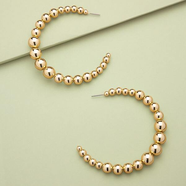 

1pair Ball Detail Large Open Hoop Earrings, Gold