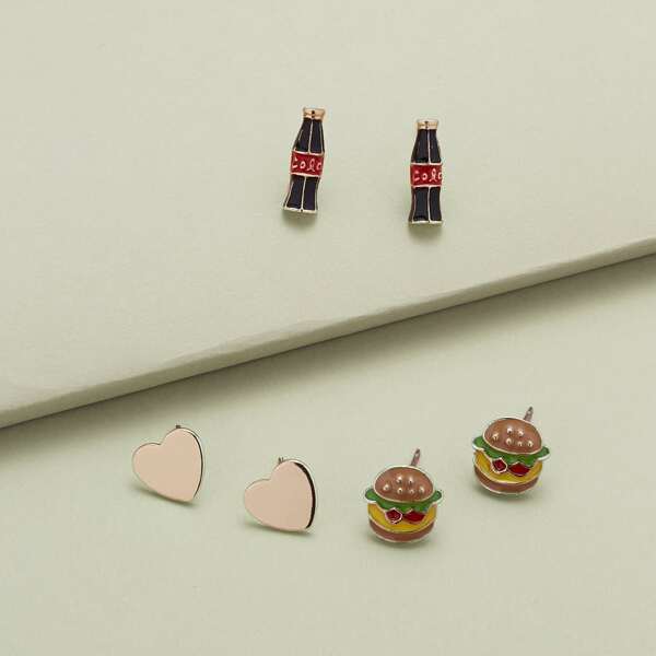 

3pairs Soda Hamburgers And Heart Stud Earrings, Multicolor