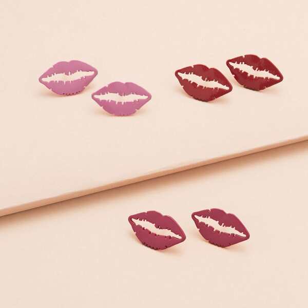 

3pairs Lips Outline Stud Back Earrings, Multicolor