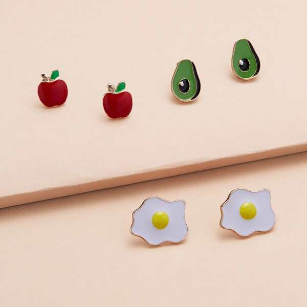 

3pairs Apples Eggs Avocado Stud Back Earrings, Multicolor