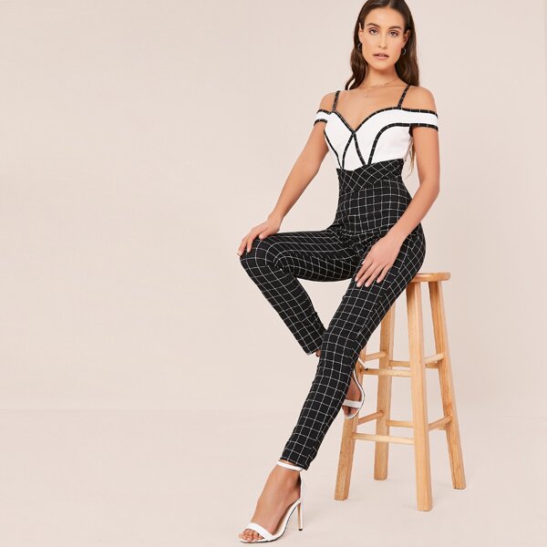 

Cold Shoulder Grid Plaid Jumpsuit, Black