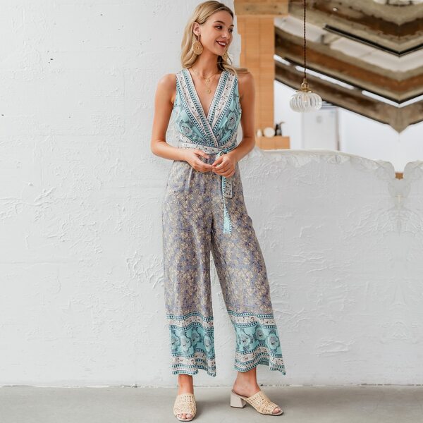 

Simplee Belted Wide Leg Floral & Tribal Jumpsuit, Multicolor