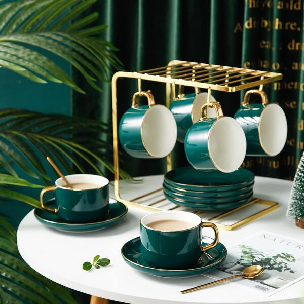 

1pc Plain Coffee Cup & Saucer & Spoon, Green