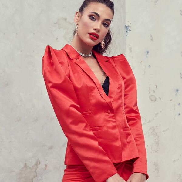 

Lapel Collar Gigot Sleeve Non Functional Pocket Satin Blazer, Red
