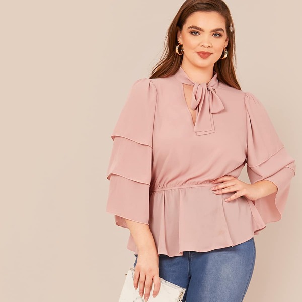 

Plus Tie Neck Layered Sleeve Peplum Top, Pink