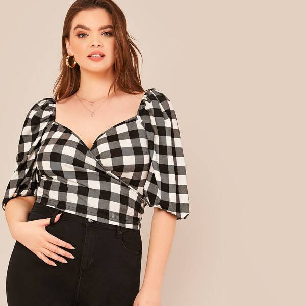 

Plus Sweetheart Neck Tie Back Buffalo Plaid Top, Black and white
