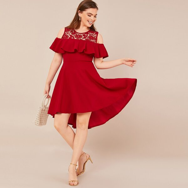 

Plus Cold Shoulder Lace Detail Flare Dress, Burgundy
