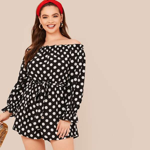 

Plus Flounce Sleeve Belted Frill Bardot Romper, Black and white