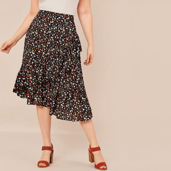 

Plus Ruffle Trim Ditsy Floral Skirt, Multicolor