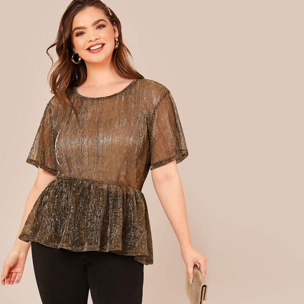 

Plus Pleated Glitter Mesh Sheer Peplum Top, Brown