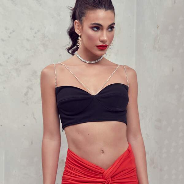 

Pearls Beaded Strappy Neck Bustier Cami Top, Black