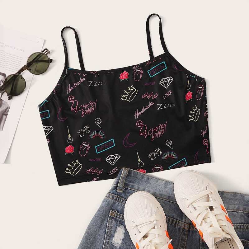 

All Over Print Crop Cami Top, Black