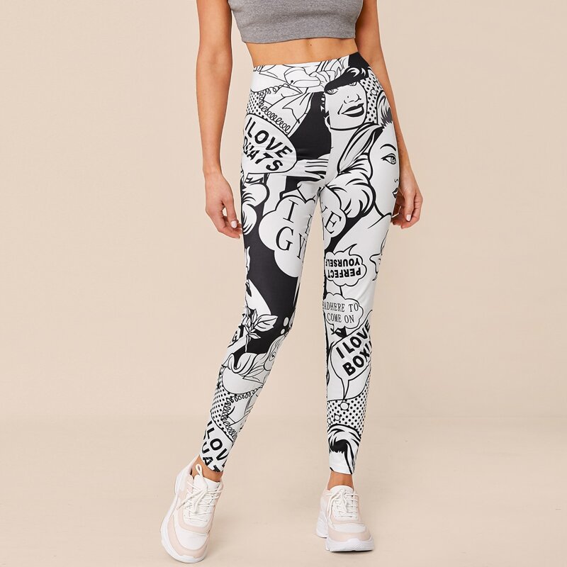 

Two Tone Pop Art Print Leggings, Black and white