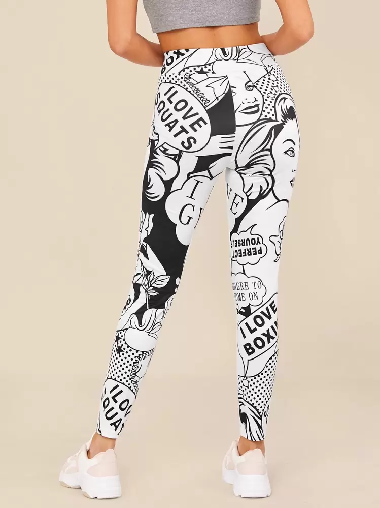 アートプリント 黒 レギンス SHEIN ツートーン ポップアートプリント レギンス | SHEIN JAPAN