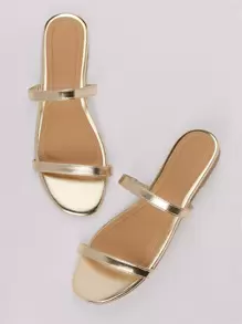 SHUZIA Metallic Two Thin Band Open Toe Flat Slide Sandals Summer Shoes Spring Shoes Spring Break Easter Mother's Day Present For Christmas - Gold - View 1
