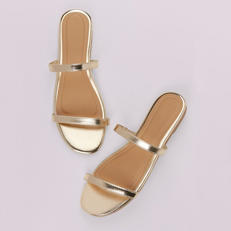 

Metallic Two Thin Band Open Toe Flat Slide Sandals, Gold