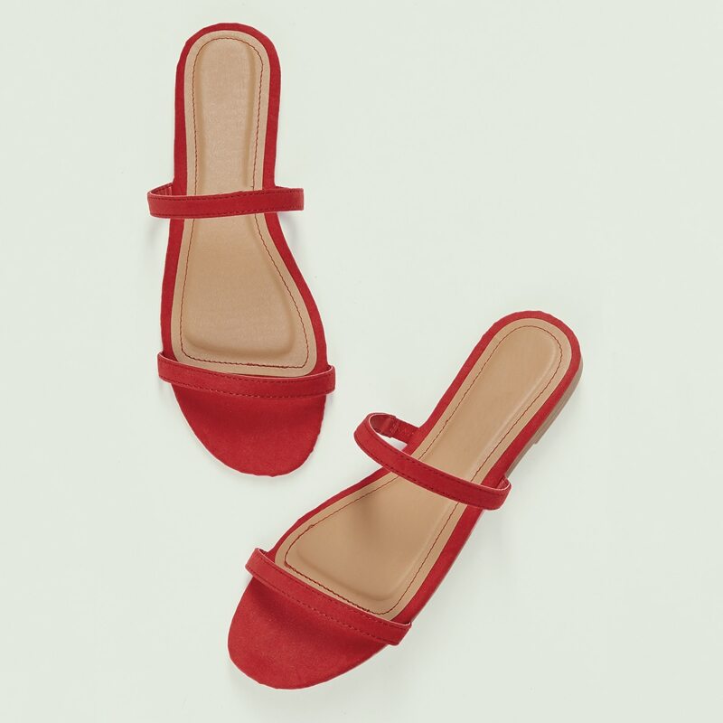

Two Thin Band Open Toe Flat Slide Sandals, Red