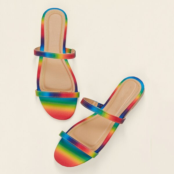

Rainbow Double Band Open Toe Flat Slide Sandals, Multicolor