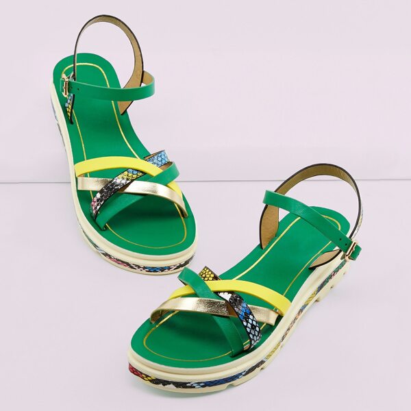 

Snake Print Open Toe Multi Strap Platform Sandals, Green