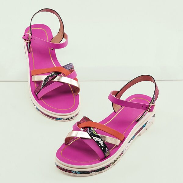

Snake Detail Ankle Strap Open Toe Flatform Sandals, Pink