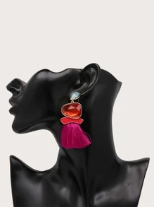 juran 1雙粉色流蘇合成樹脂耳環 - 玫紅色 - 查看 2