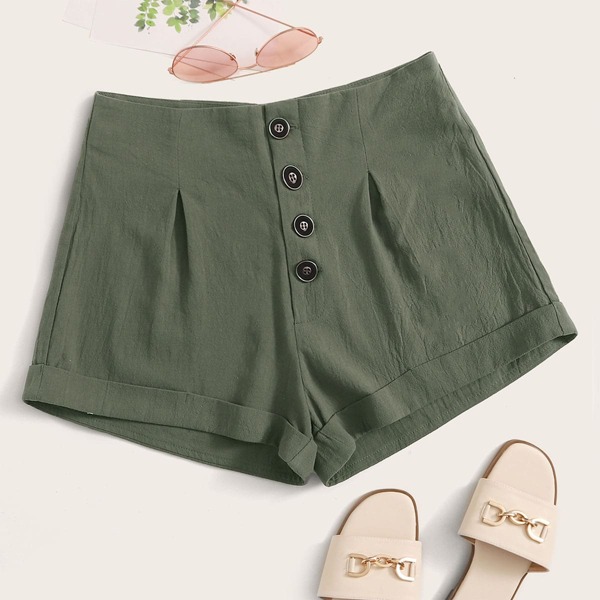 

Button Fly Cuffed Solid Shorts, Army green