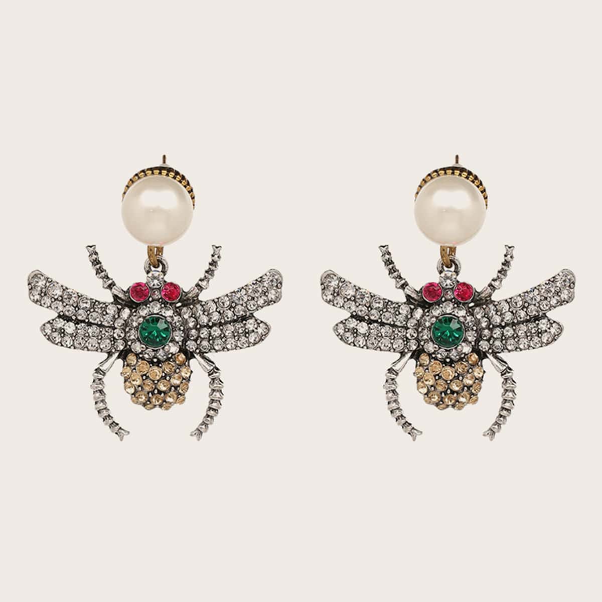 

1pair Faux Pearl & Rhinestone Engraved Spider Design Drop Earrings, Silver