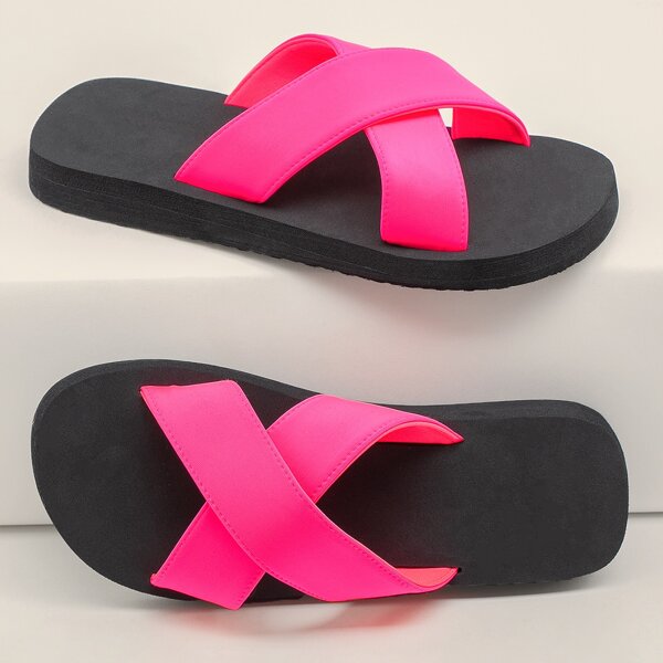 

Neon Open Toe Cross Band Foam Sole Slide Sandals, Pink bright
