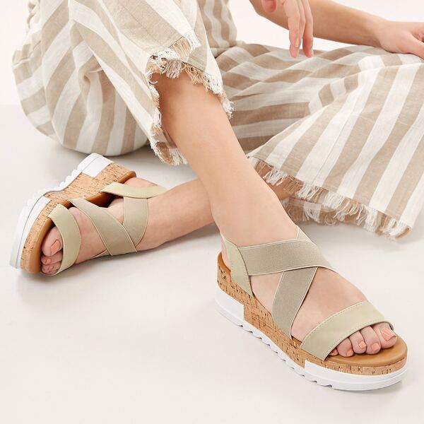 

Open Toe Elastic Slingback Platform Wedge Sandals, Khaki