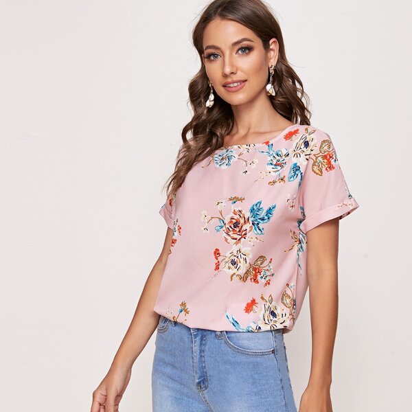 

Floral Print Rolled Cuff Curved Top, Pink