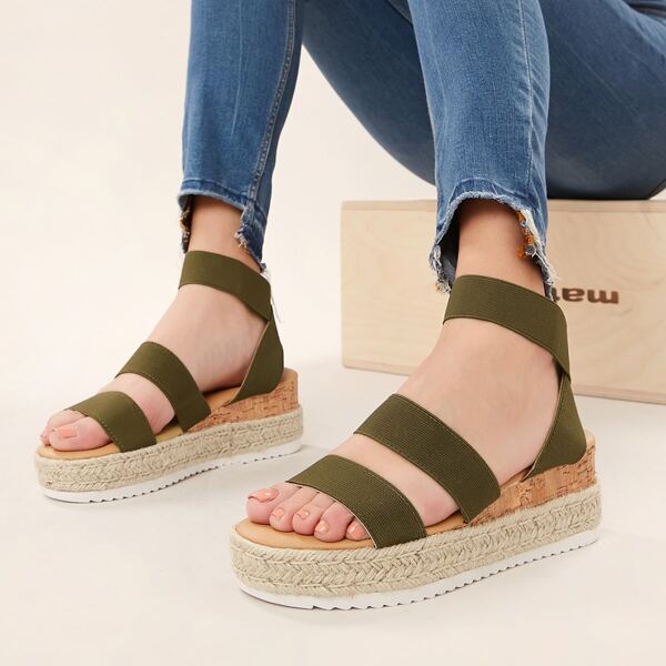 

Double Elastic Band Open Toe Flatform Sandals, Army green