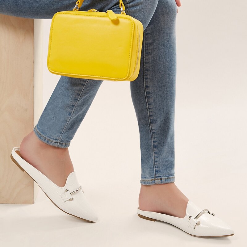 

Charm Accent Pointy Toe Open Back Crocodile Flats, White