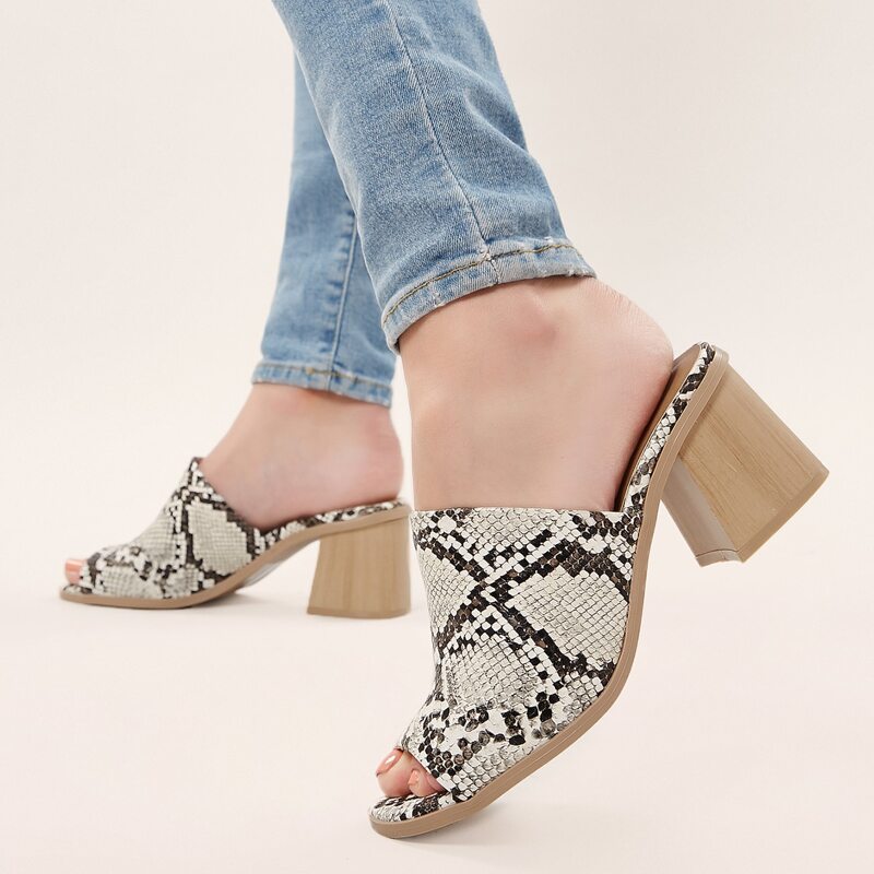 

Peep Toe Snakeskin Chunk Heel Mules, Multicolor