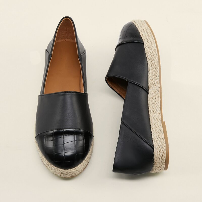 

Crocodile Toe Cap Flatform Espadrille Flats, Black