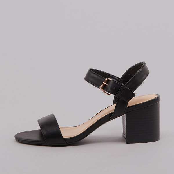 

Open Toe Ankle Strap Low Stacked Heel Sandals, Black